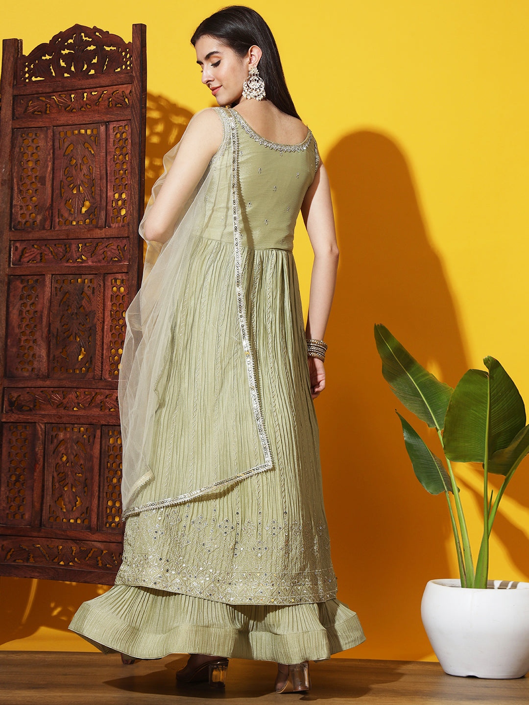 Jacket Style High Slit Kurta with Flared Pleated Lehenga