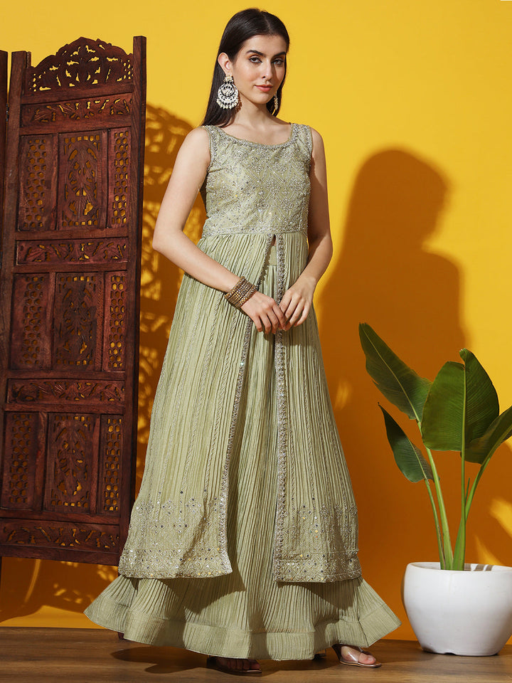 Jacket Style High Slit Kurta with Flared Pleated Lehenga