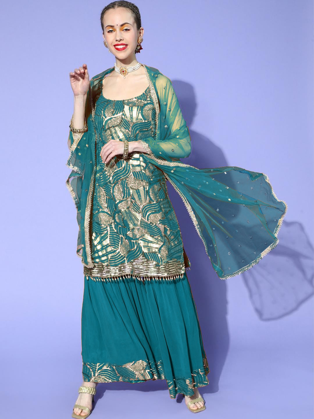 Turquoise Abstract Sequence Embroidery Kurta Sharara Dupatta Set