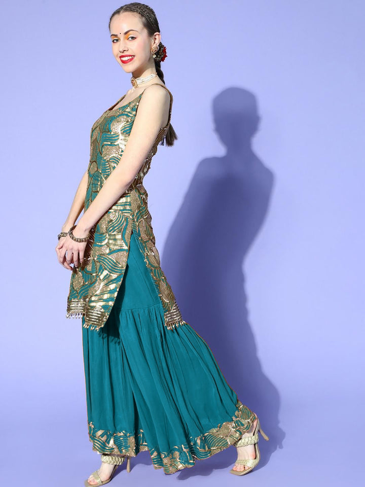 Turquoise Abstract Sequence Embroidery Kurta Sharara Dupatta Set