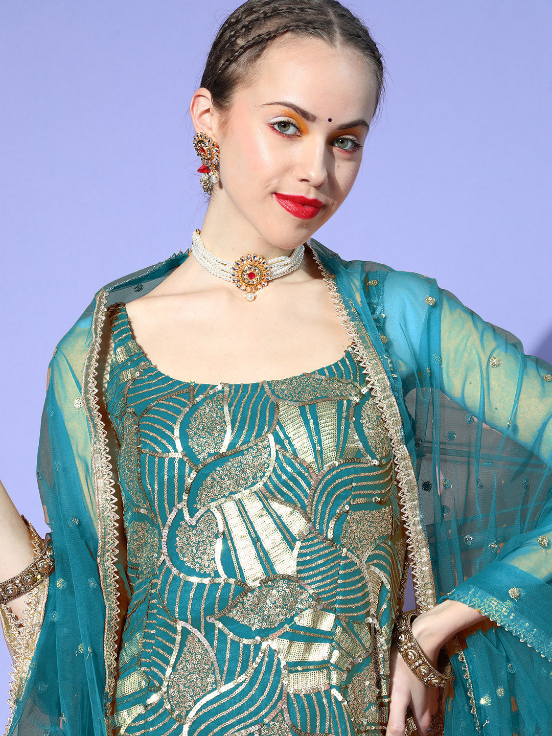 Turquoise Abstract Sequence Embroidery Kurta Sharara Dupatta Set