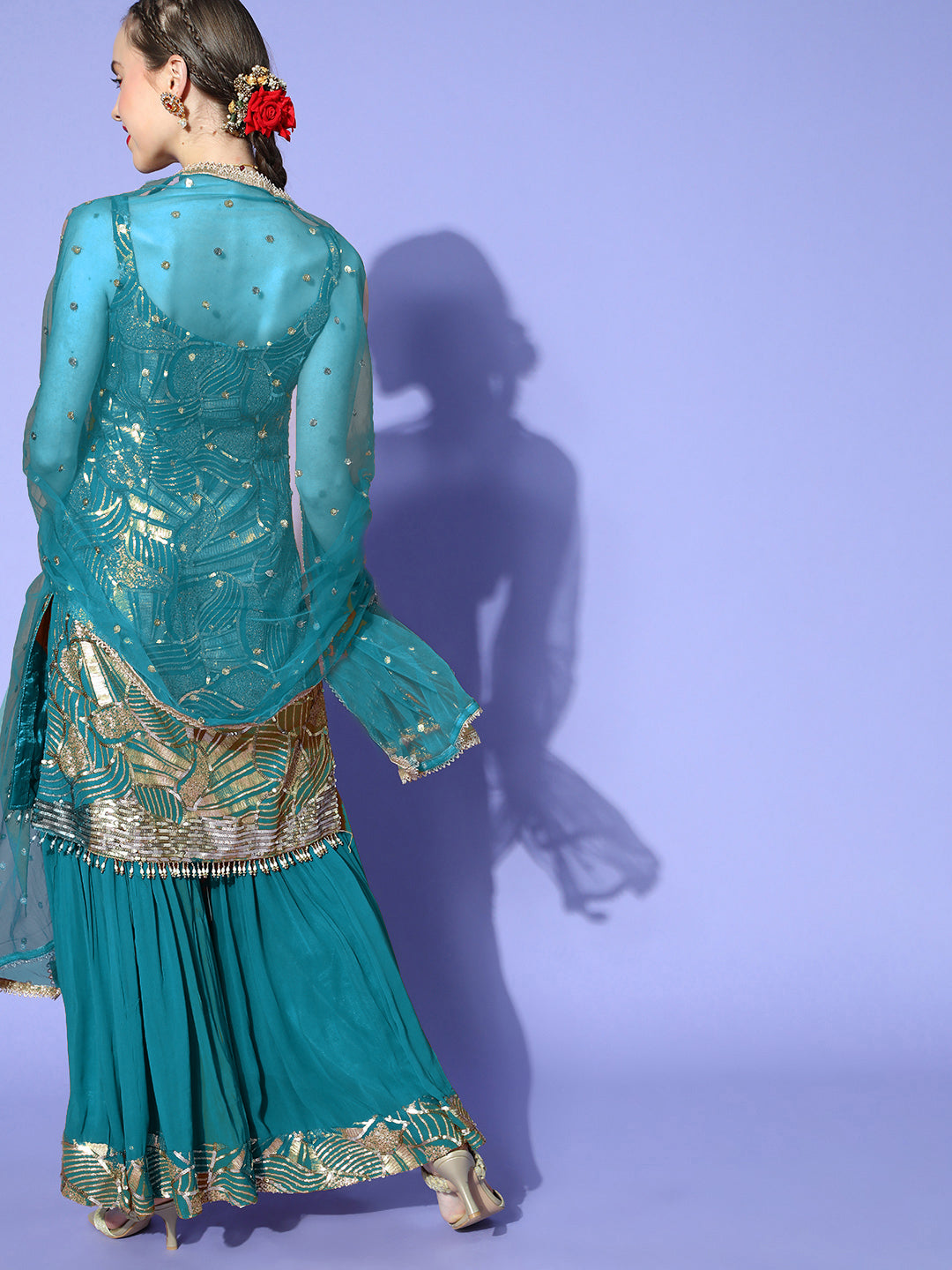 Turquoise Abstract Sequence Embroidery Kurta Sharara Dupatta Set