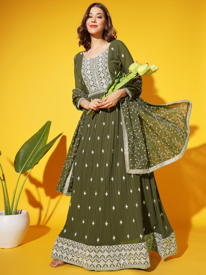 Mehndi Green Resham Chikankari Pleated Flared Georgette Gown & Dupatta