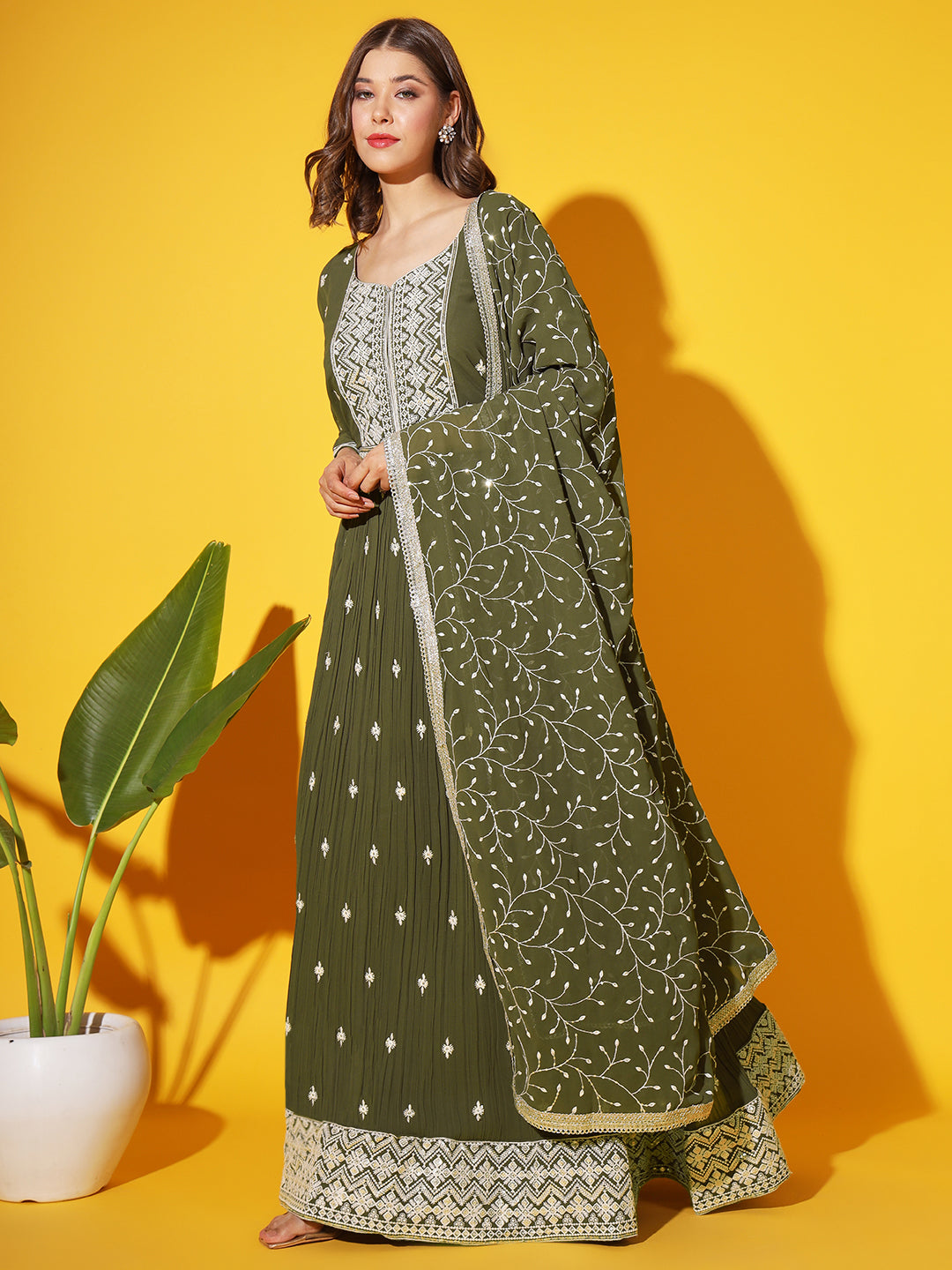 Mehndi Green Resham Chikankari Pleated Flared Georgette Gown & Dupatta