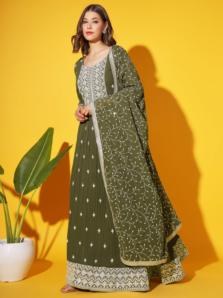 Mehndi Green Resham Chikankari Pleated Flared Georgette Gown & Dupatta
