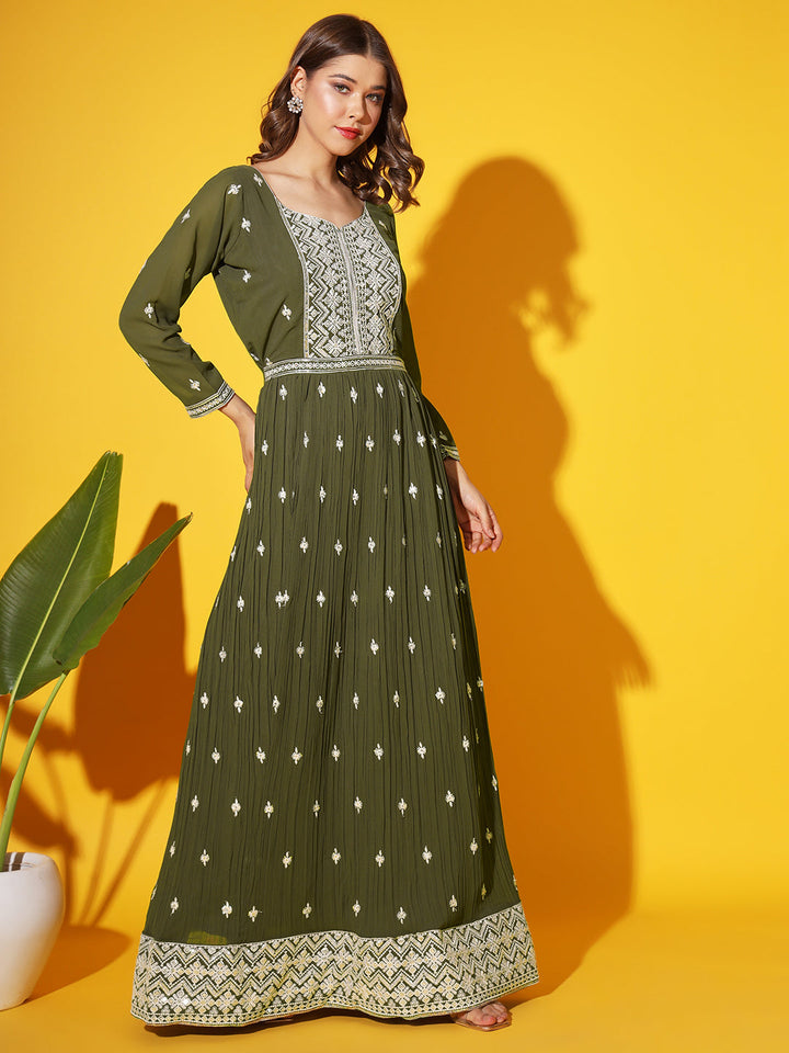 Mehndi Green Resham Chikankari Pleated Flared Georgette Gown & Dupatta