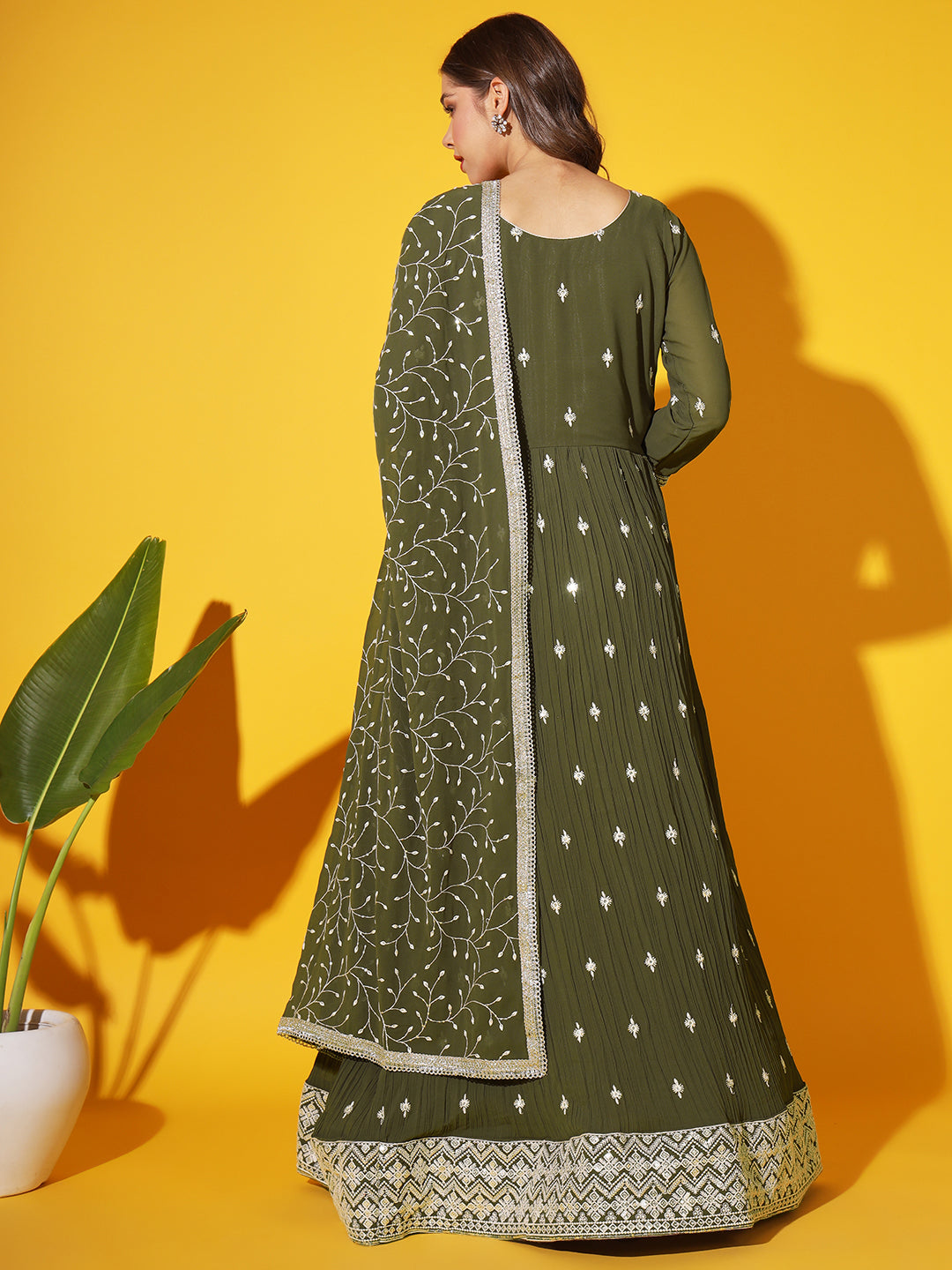 Mehndi Green Resham Chikankari Pleated Flared Georgette Gown & Dupatta