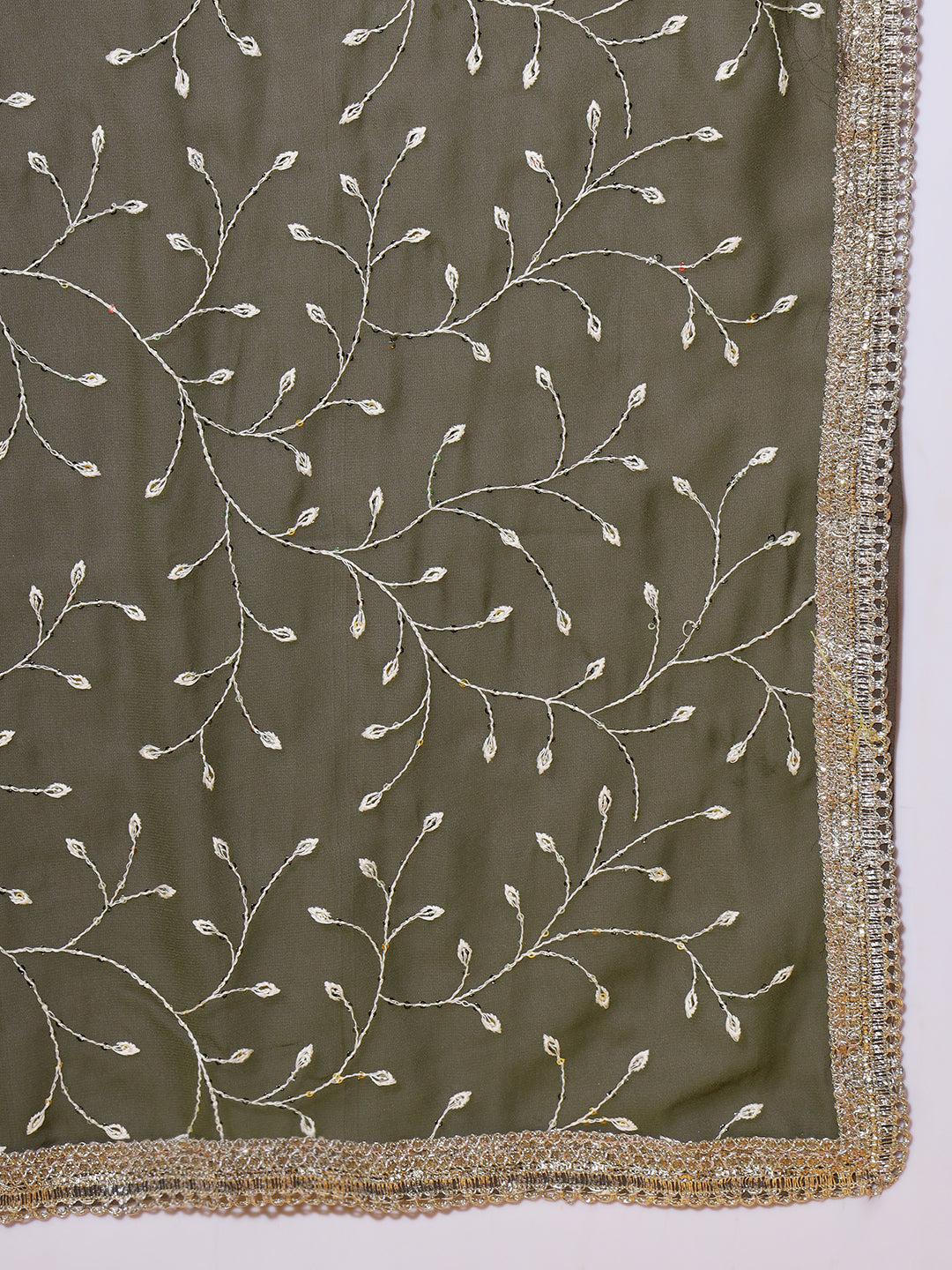 Mehndi Green Resham Chikankari Pleated Flared Georgette Gown & Dupatta