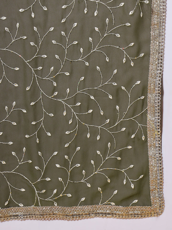Mehndi Green Resham Chikankari Pleated Flared Georgette Gown & Dupatta