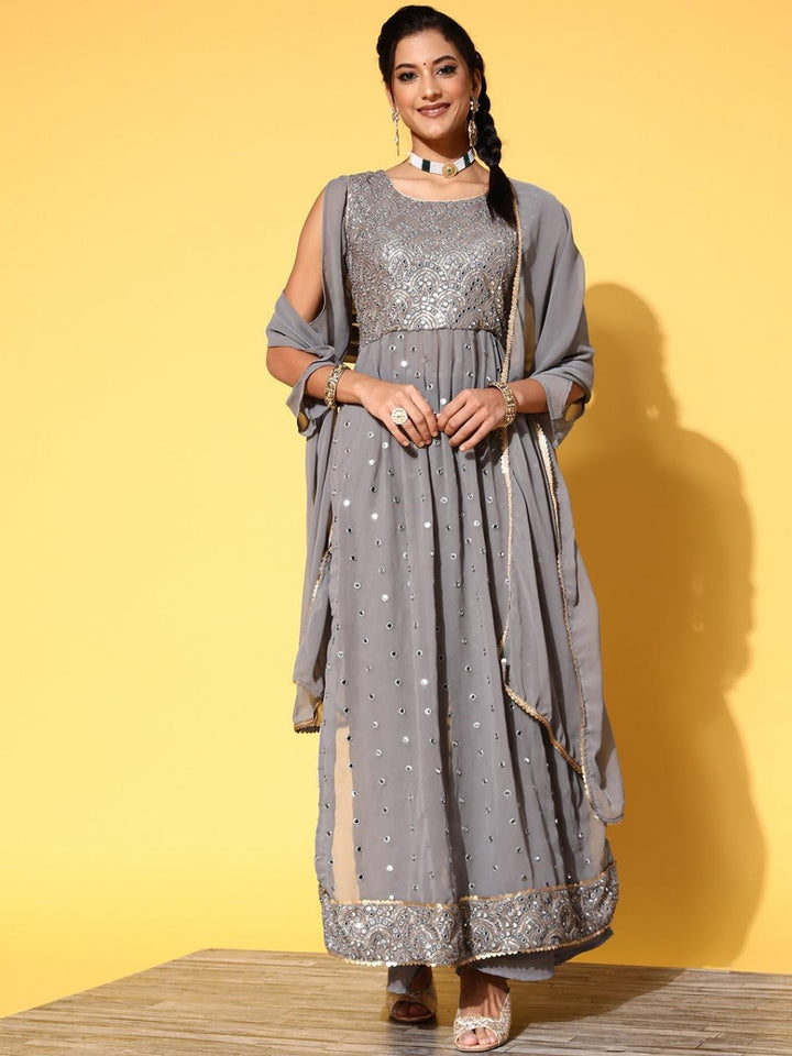 Grey High Slit Nyraa Suit with Pallazzo & Puffed Sleeves