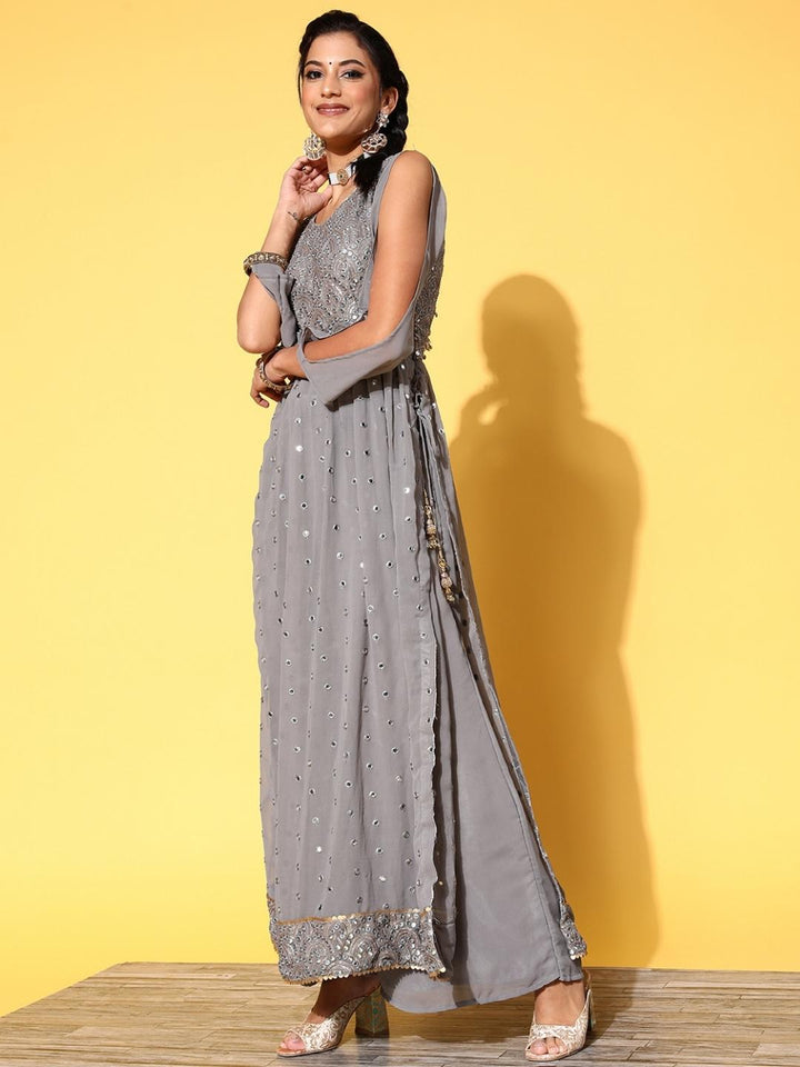 Grey High Slit Nyraa Suit with Pallazzo & Puffed Sleeves