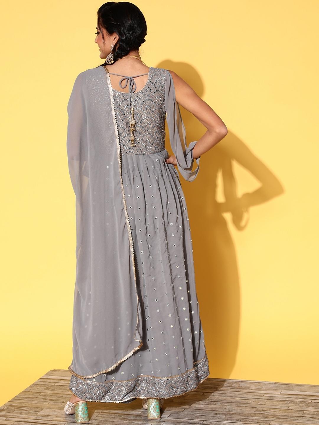 Grey High Slit Nyraa Suit with Pallazzo & Puffed Sleeves