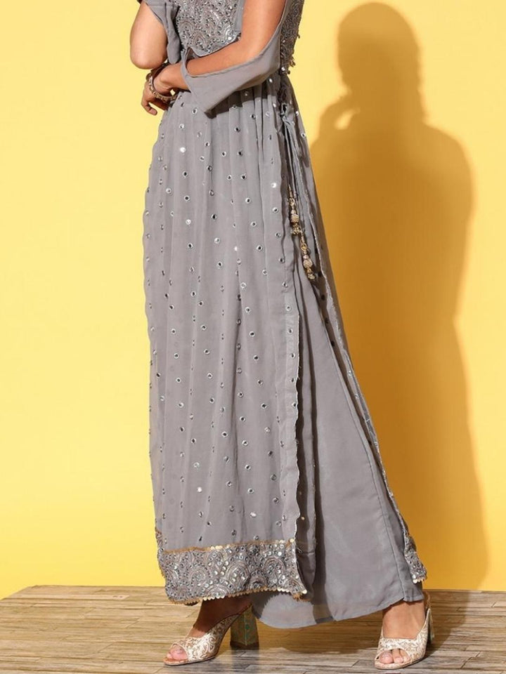 Grey High Slit Nyraa Suit with Pallazzo & Puffed Sleeves