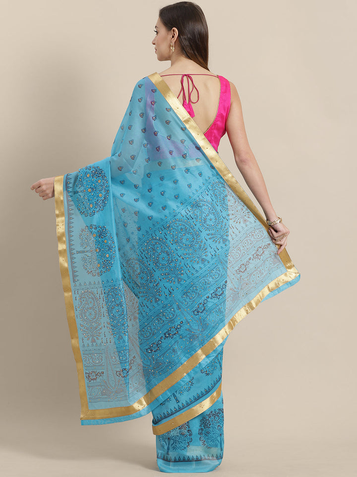 Chanderi Blockprint Saree with Zari border