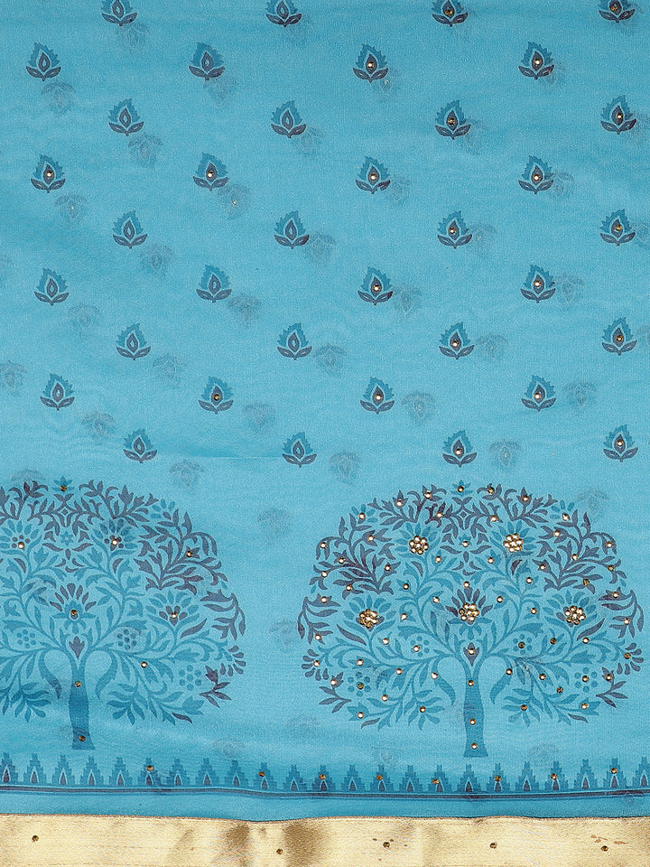 Chanderi Blockprint Saree with Zari border