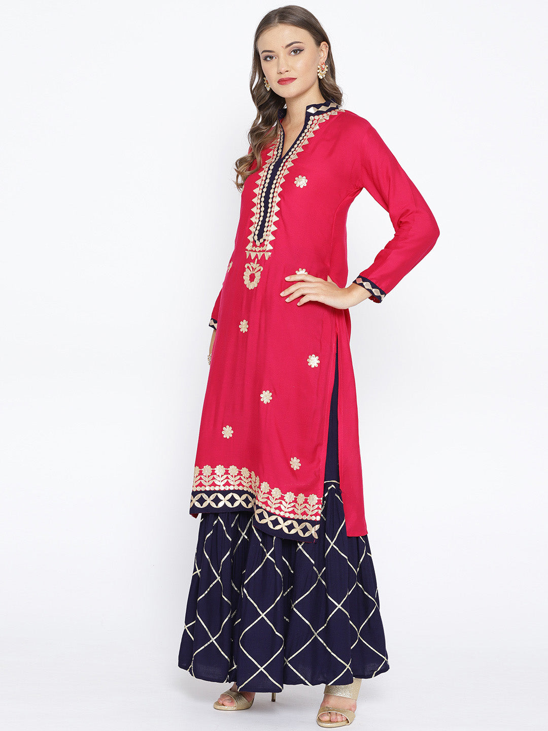 Pink Gotta Patti Applique Embellished Kurta with Blue Sharara and Chiffon Dupatta