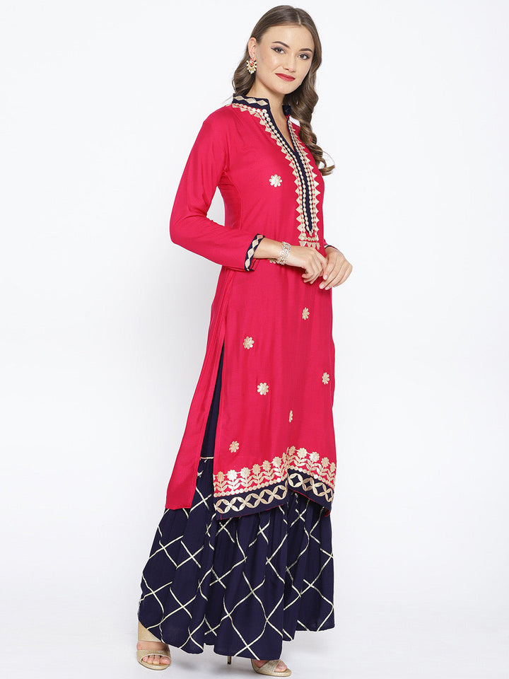Pink Gotta Patti Applique Embellished Kurta with Blue Sharara and Chiffon Dupatta