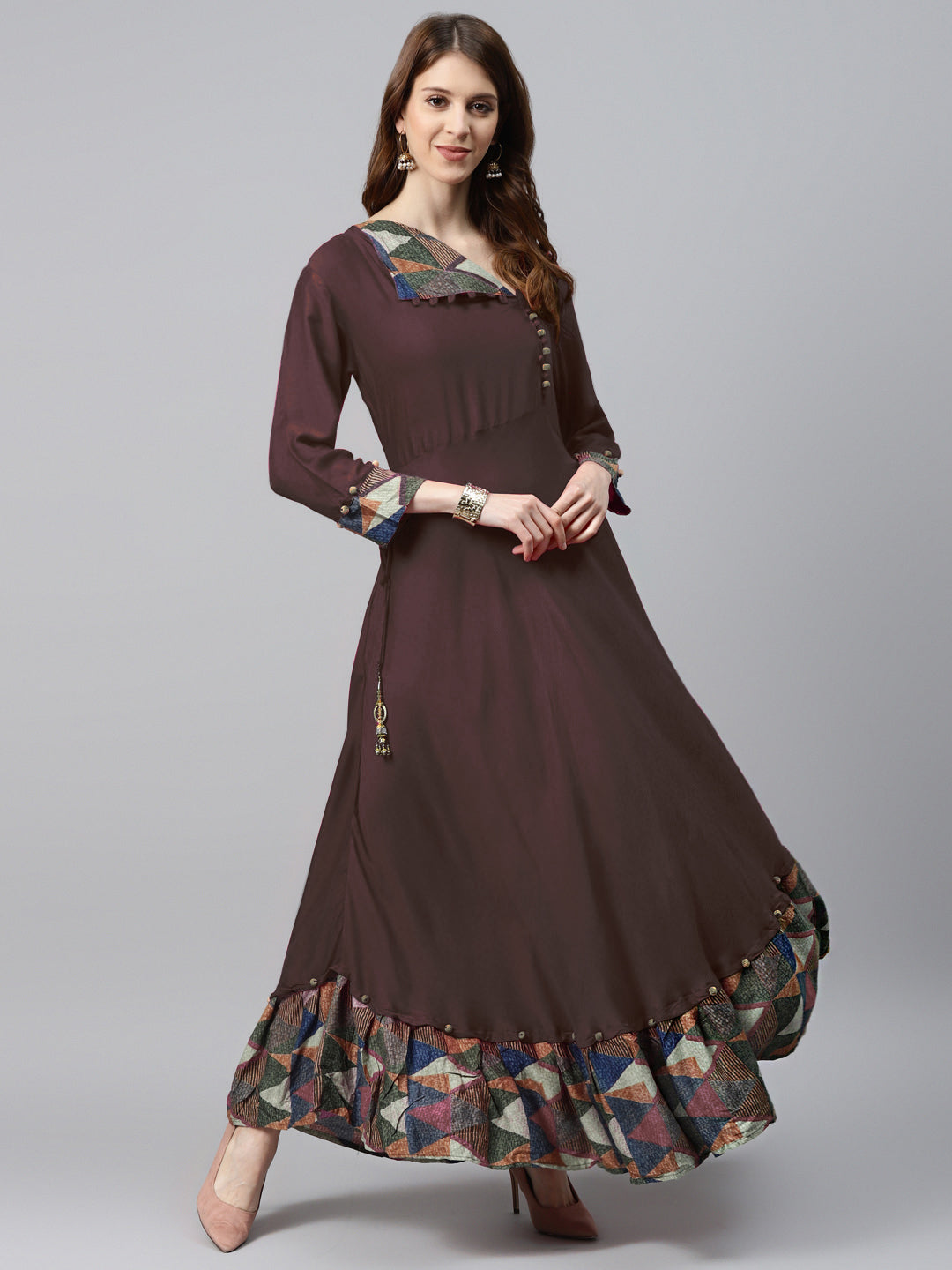 Made to Measure Assymetrical Flared Dress with Cowl style neck and Ikat inspired print