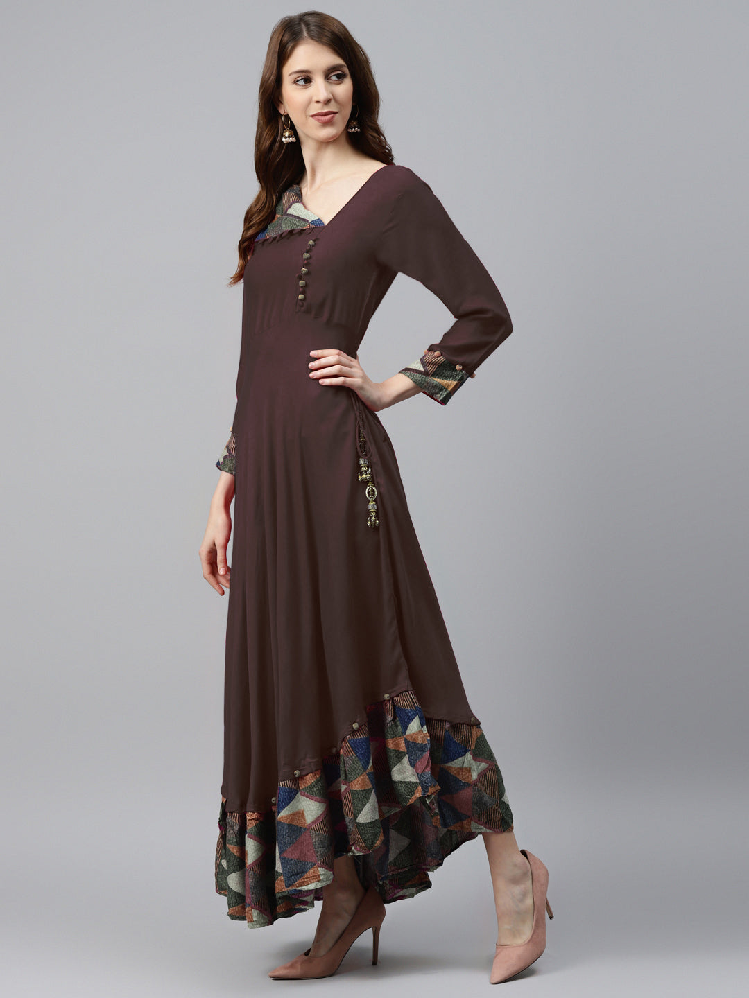 Made to Measure Assymetrical Flared Dress with Cowl style neck and Ikat inspired print