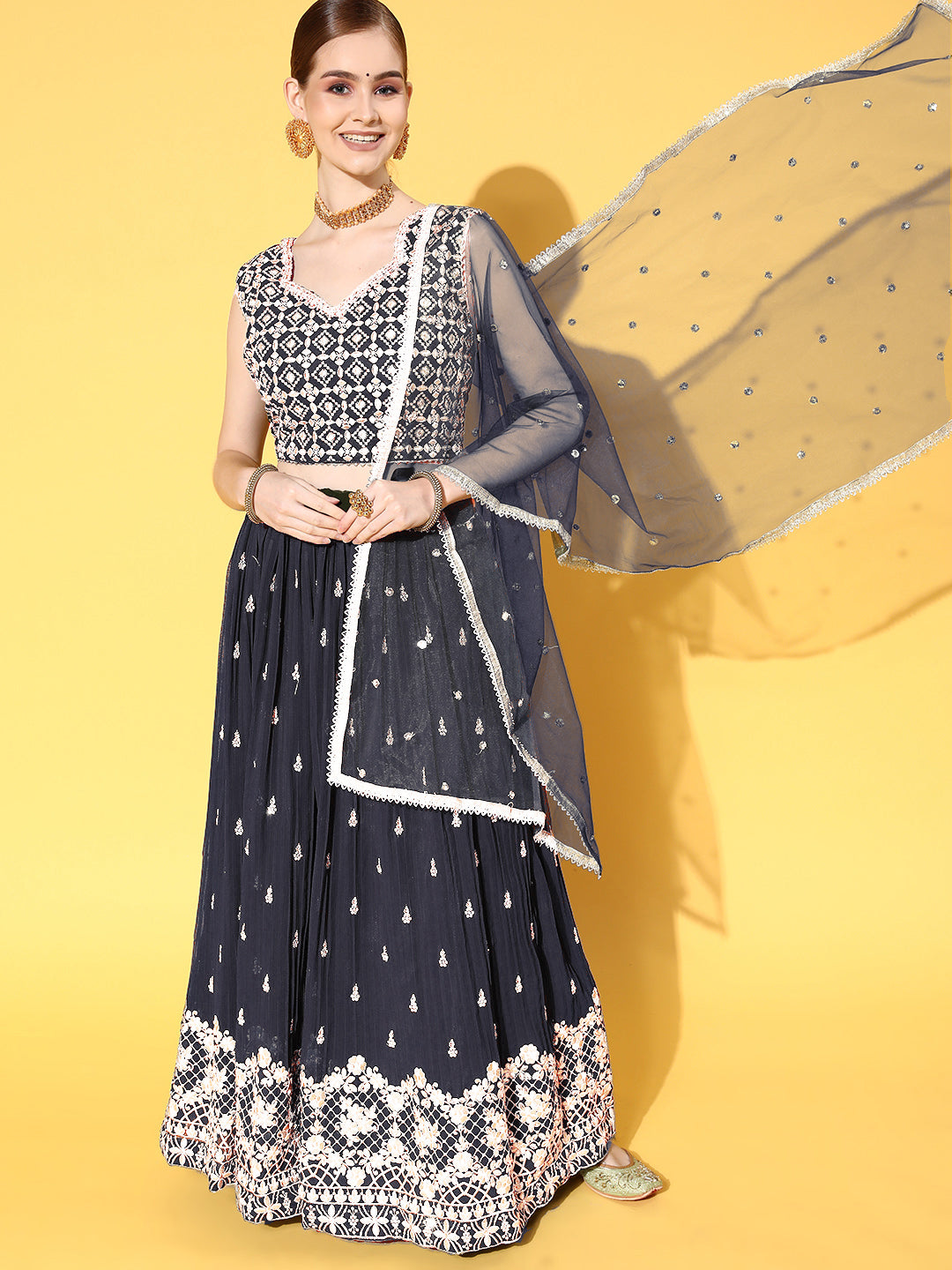 Navy Blue Zari & Sequence Embellished Lehenga Set & Net Dupatta