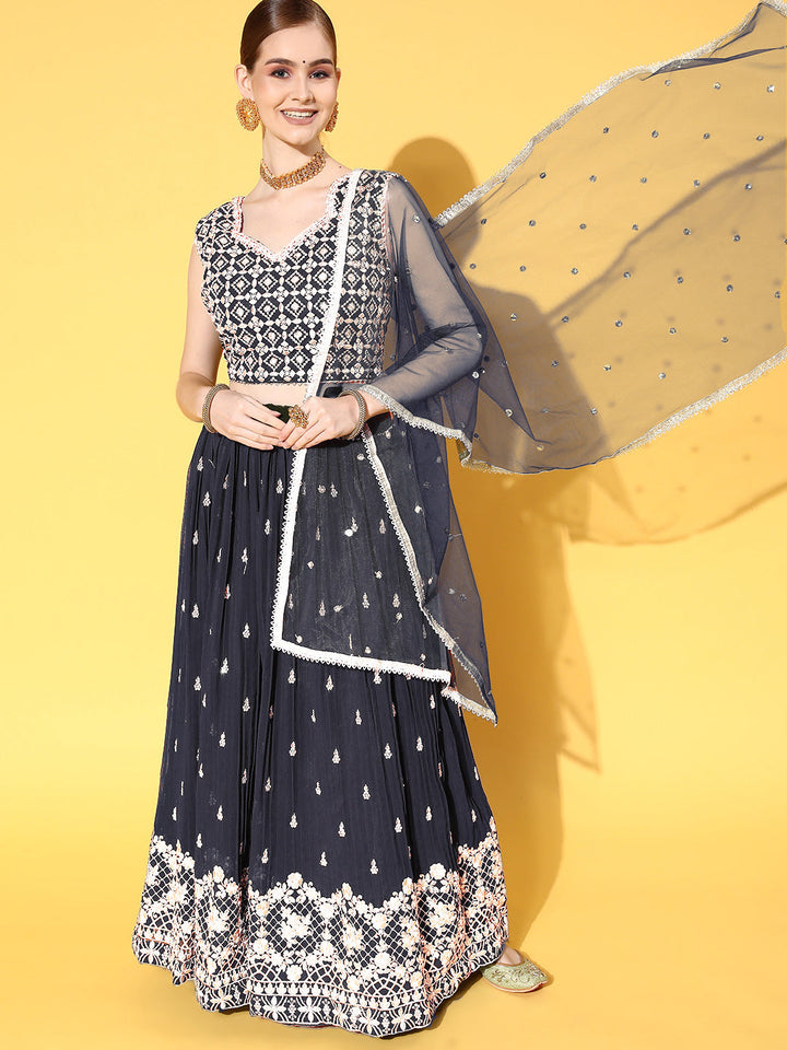 Navy Blue Zari & Sequence Embellished Lehenga Set & Net Dupatta