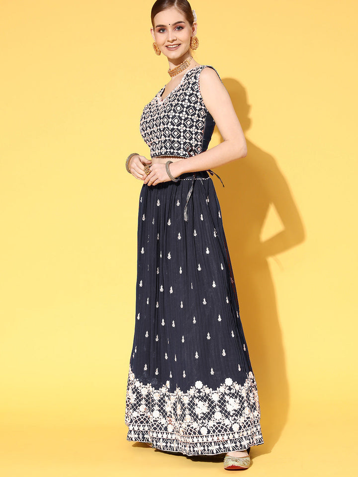 Navy Blue Zari & Sequence Embellished Lehenga Set & Net Dupatta