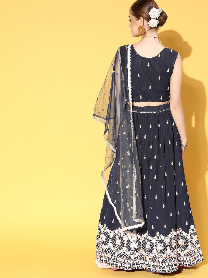 Navy Blue Zari & Sequence Embellished Lehenga Set & Net Dupatta