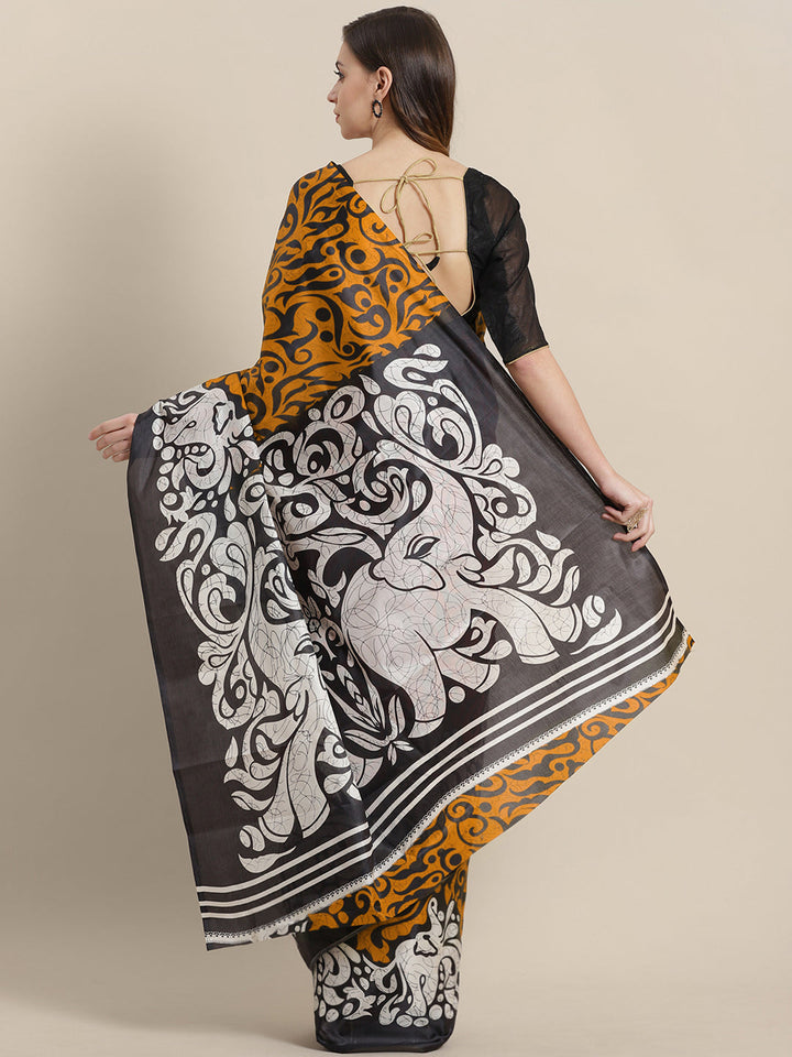 Mustard Tussar Silk printed Saree with Colorblocking Digital design