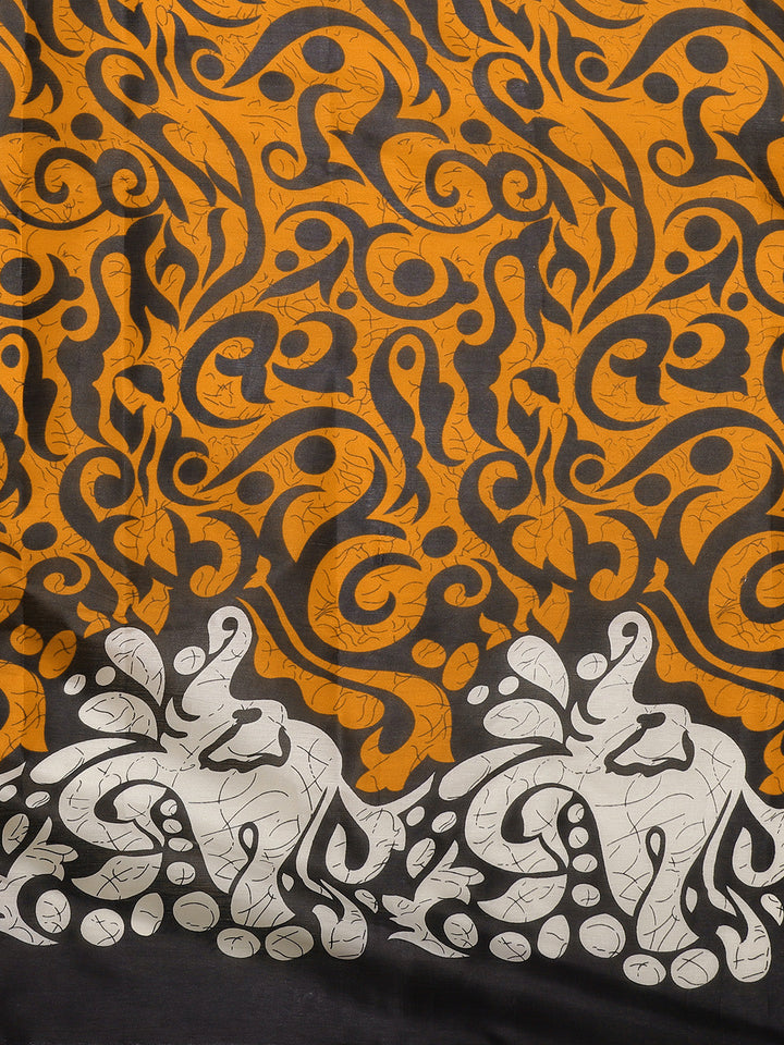 Mustard Tussar Silk printed Saree with Colorblocking Digital design