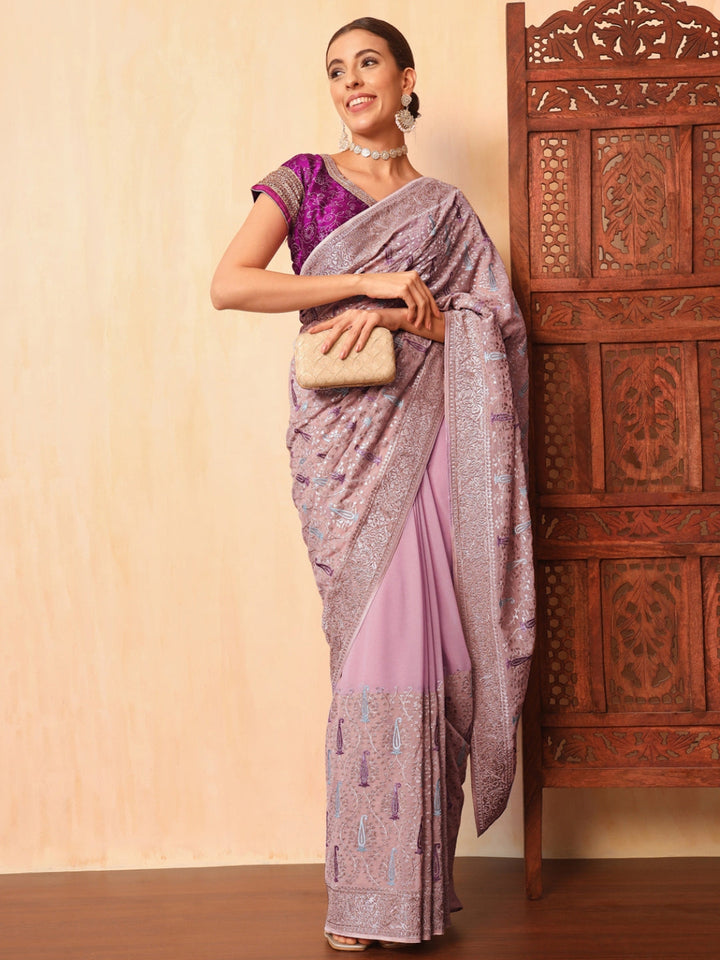 Lavender Georgette Saree with Zari and Embroidered Paisley motifs