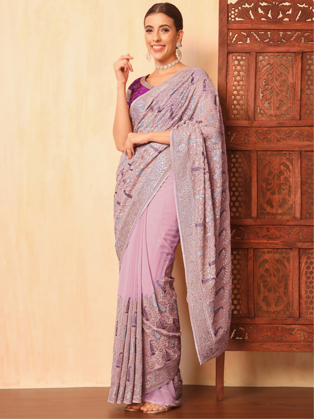 Lavender Georgette Saree with Zari and Embroidered Paisley motifs