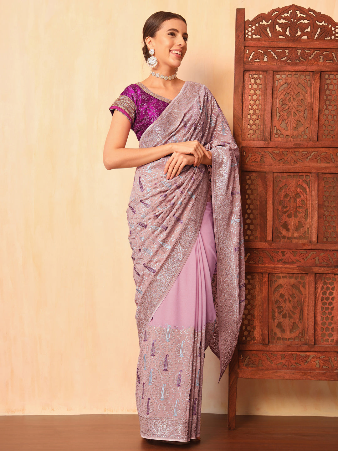 Lavender Georgette Saree with Zari and Embroidered Paisley motifs