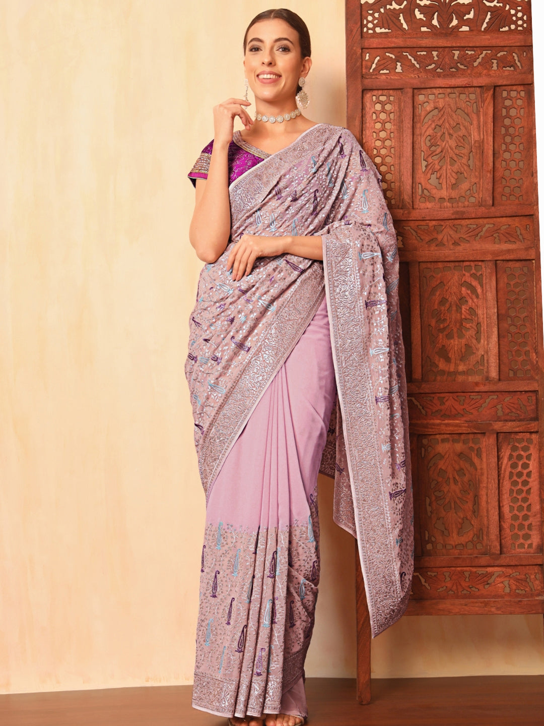 Lavender Georgette Saree with Zari and Embroidered Paisley motifs