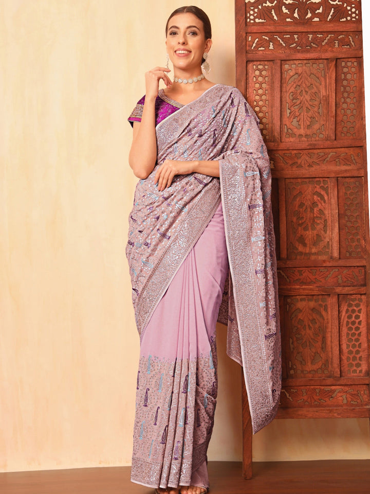 Lavender Georgette Saree with Zari and Embroidered Paisley motifs