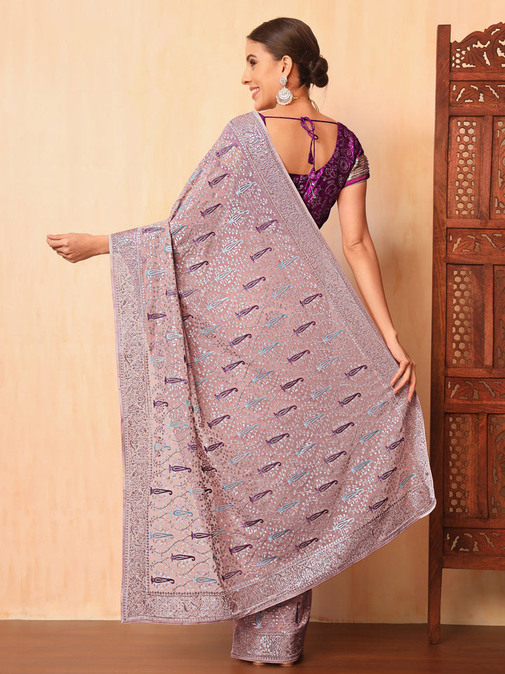 Lavender Georgette Saree with Zari and Embroidered Paisley motifs