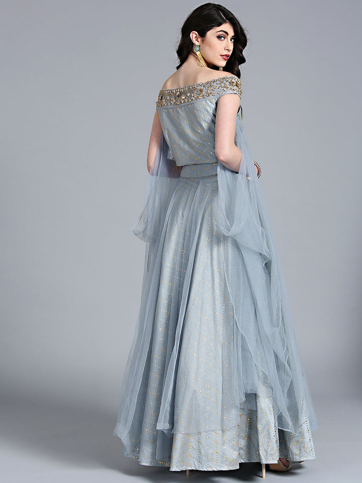Off-shoulder Crop Top Lehenga with Pre-stitched Draped Sleeeves