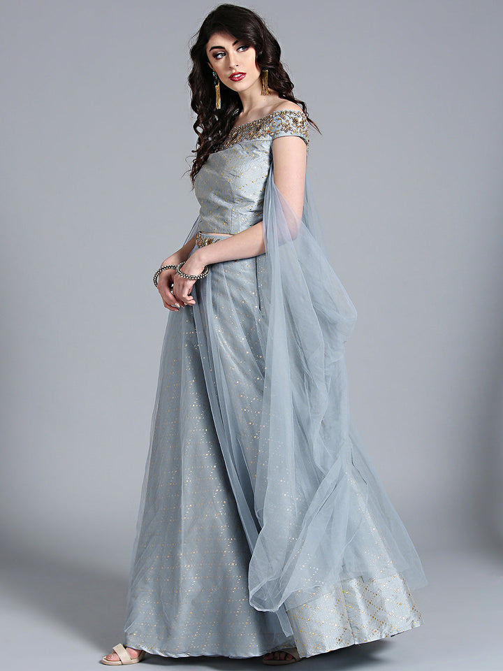 Off-shoulder Crop Top Lehenga with Pre-stitched Draped Sleeeves