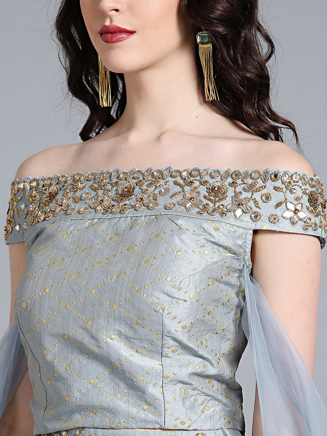 Off-shoulder Crop Top Lehenga with Pre-stitched Draped Sleeeves