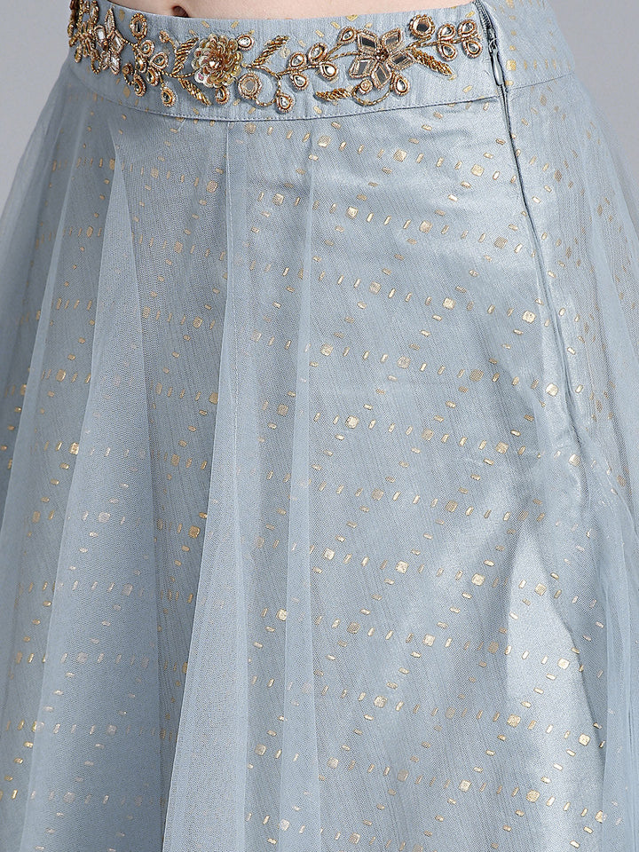 Off-shoulder Crop Top Lehenga with Pre-stitched Draped Sleeeves