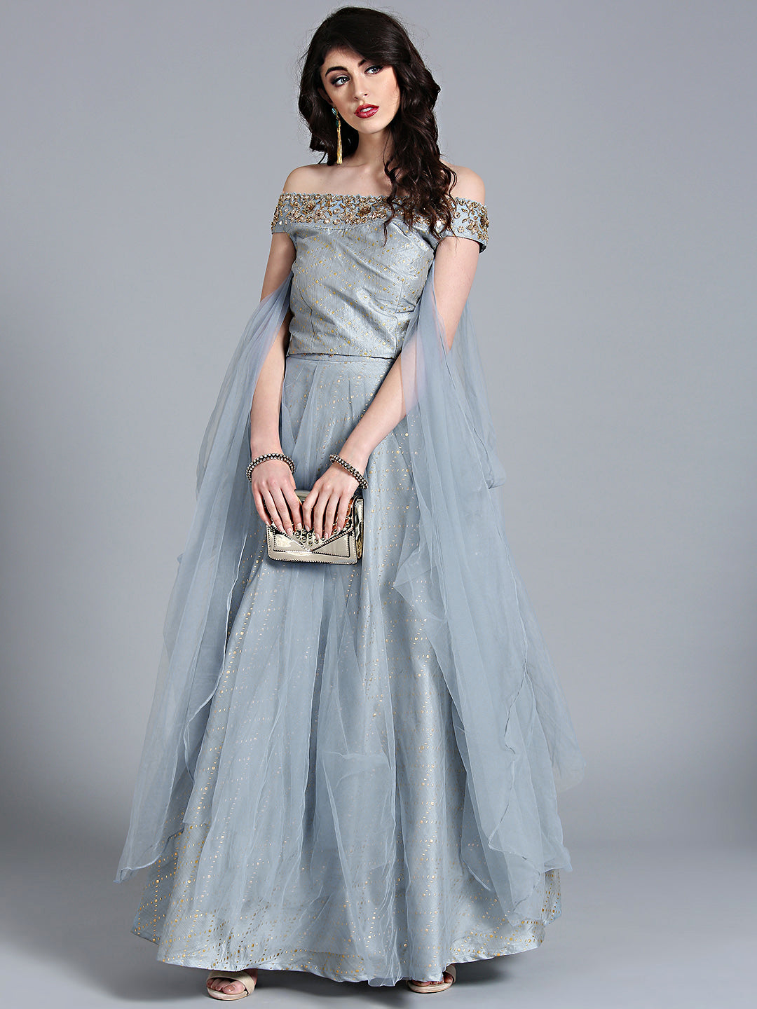Off-shoulder Crop Top Lehenga with Pre-stitched Draped Sleeeves