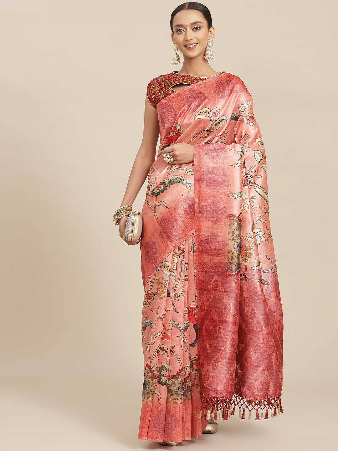 Pastel Peach Floral Digital Printed Silk Saree With Blouse