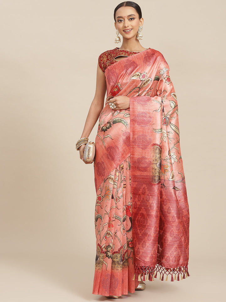 Pastel Peach Floral Digital Printed Silk Saree With Blouse