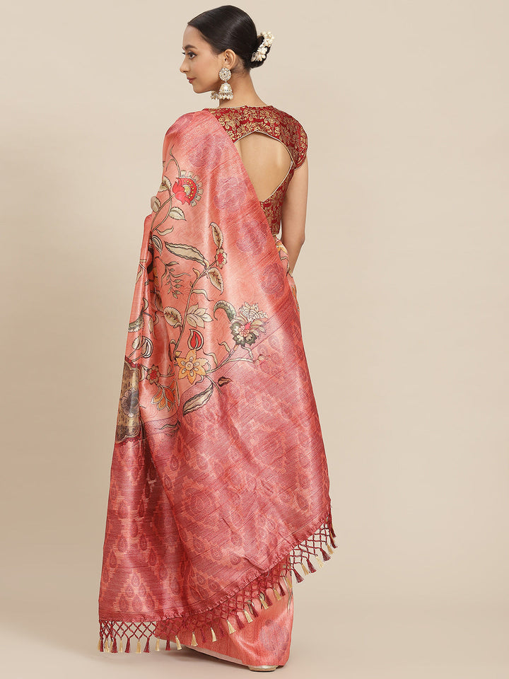 Pastel Peach Floral Digital Printed Silk Saree With Blouse