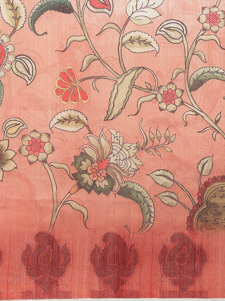 Pastel Peach Floral Digital Printed Silk Saree With Blouse