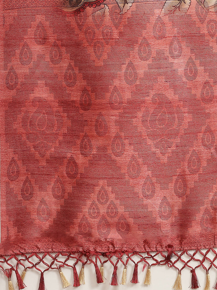 Pastel Peach Floral Digital Printed Silk Saree With Blouse