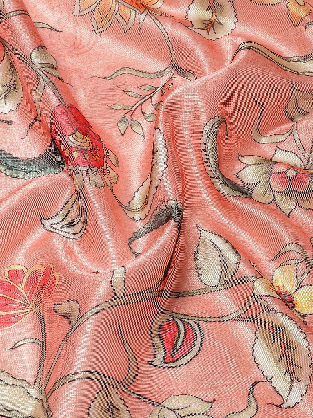 Pastel Peach Floral Digital Printed Silk Saree With Blouse