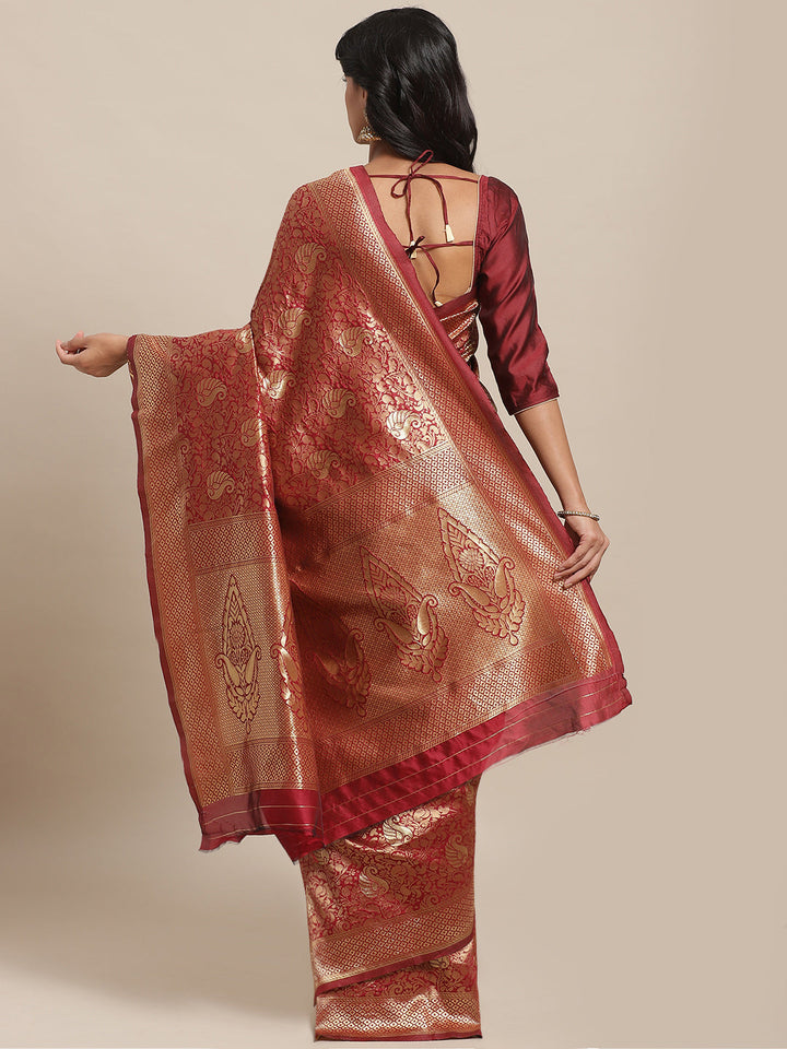 Banarasi Handloom Silk Saree with Gold Oxidised Zari Woven Paisleys in a rich jaal