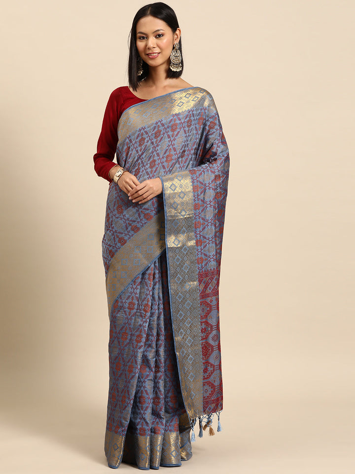 Blue Resham Thread Woven Silk Saree With Golden Zari Border
