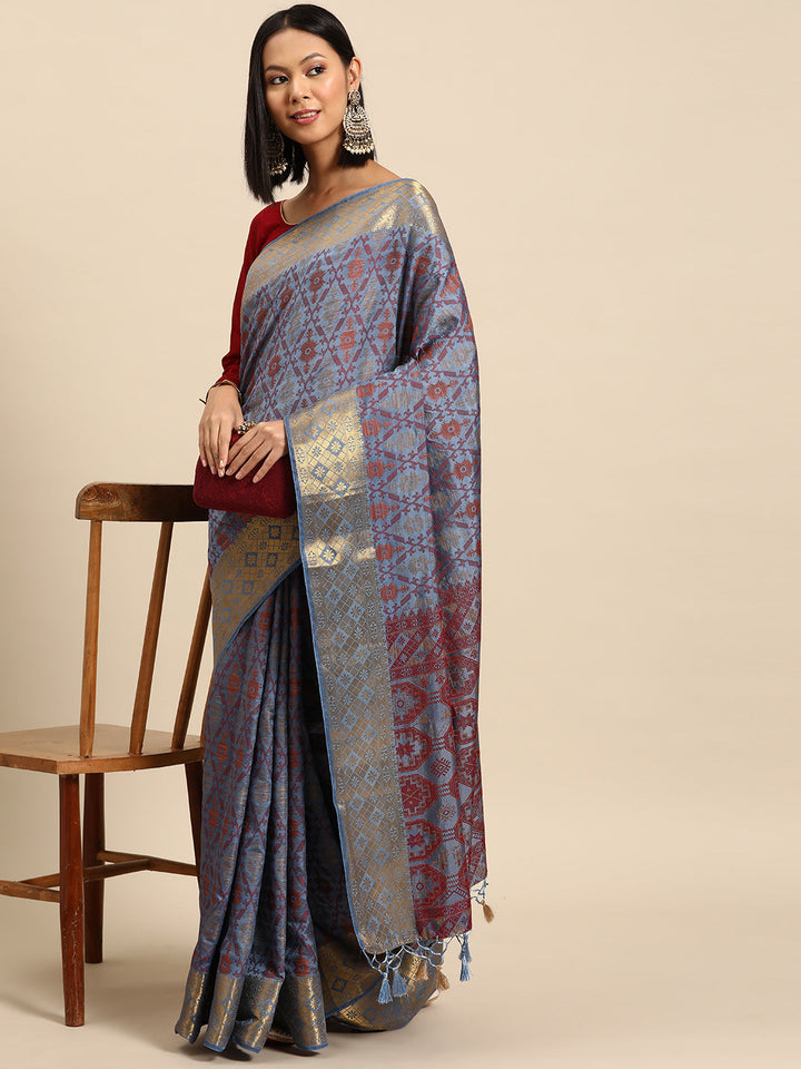 Blue Resham Thread Woven Silk Saree With Golden Zari Border