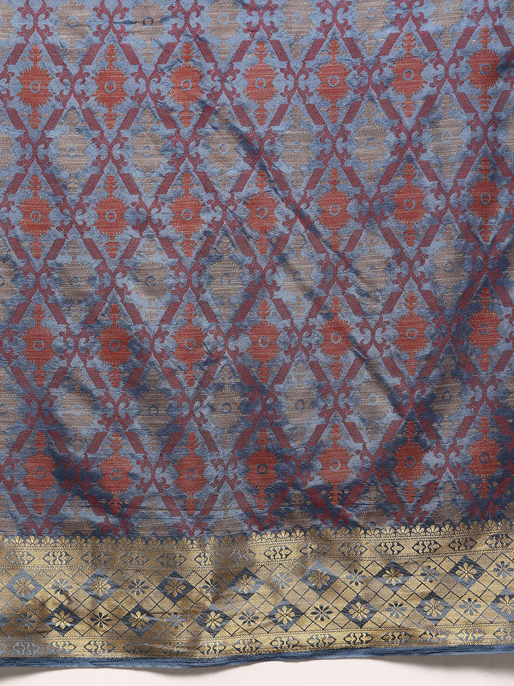 Blue Resham Thread Woven Silk Saree With Golden Zari Border
